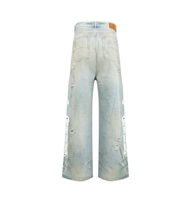 Image 2 of 4 - BLUE - AMIRI Bones Studded Baggy Jean featuring croc embossed leather bone appliques and stud detailing, distressed throughout, stud embellishments, rhinestone rivets and baggy fit. 100% cotton. Made in Italy.