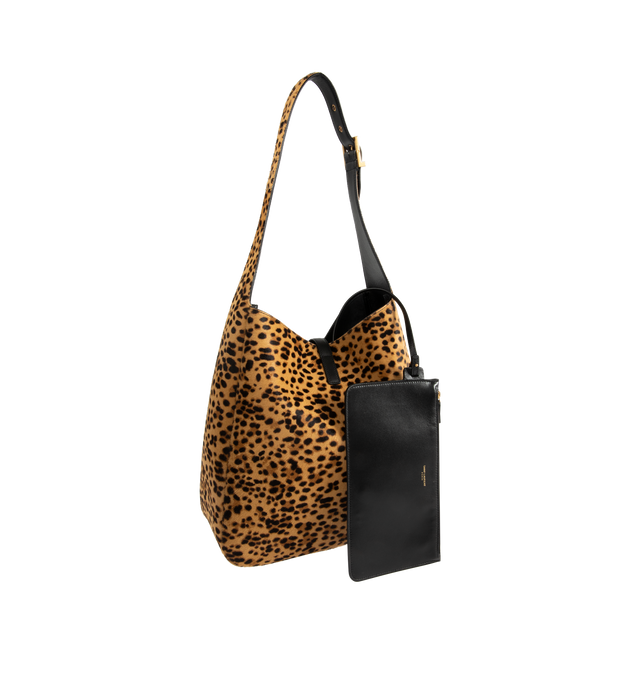 Image 2 of 3 - BROWN - SAINT LAURENT Le 5 7 Large Bag in leopard-print pony hair and nappa leather featuring features two main compartments, an inner zip pocket, leather tab closure, adjustable strap, suede lining, bronze-toned hardware and open top with hook closure. 11.8 x 12.2 x 5.1 inches. Calfskin leather, brass. Made in Italy.