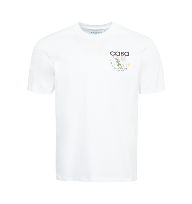 Image 1 of 2 - WHITE - CASABLANCA Equipement Sportif T-Shirt featuring rib knit crewneck, logo graphic printed at front and short sleeves. 100% organic cotton. Made in Portugal. 