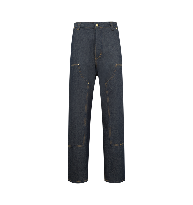 Image 1 of 3 - BLUE - CARHARTT WIP OG Double Knee Jeans featuring non-stretch denim, 12 oz denim, belt loops, five-pocket styling, zip fly, panel at legs, hammer loop and patch pockets at back legs and logo patch at back pocket. 100% cotton.