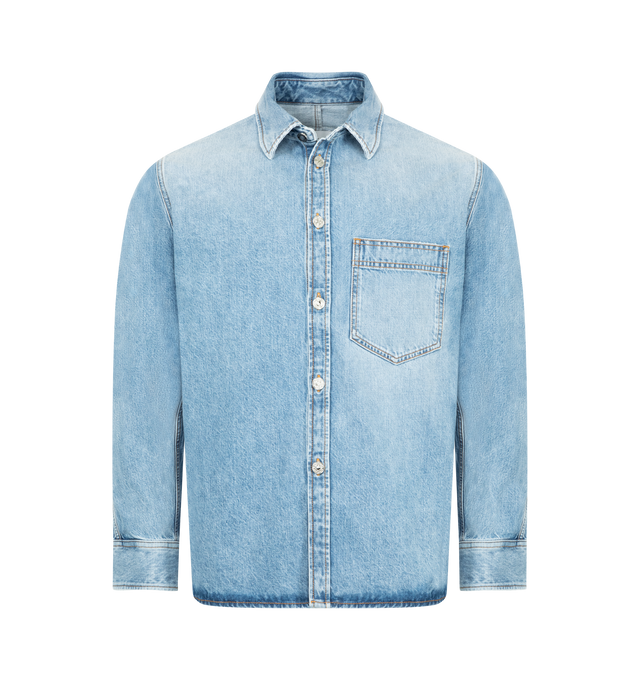 Image 1 of 2 - BLUE - GIVENCHY Denim Overshirt featuring long-sleeved shirt in washed denim, classic collar, GIVENCHY suede leather patch on the upper back, GIVENCHY engraved buttons, button closure, buttoned cuffs, one chest pocket and relaxed fit. 100% cotton. Made in Italy.
