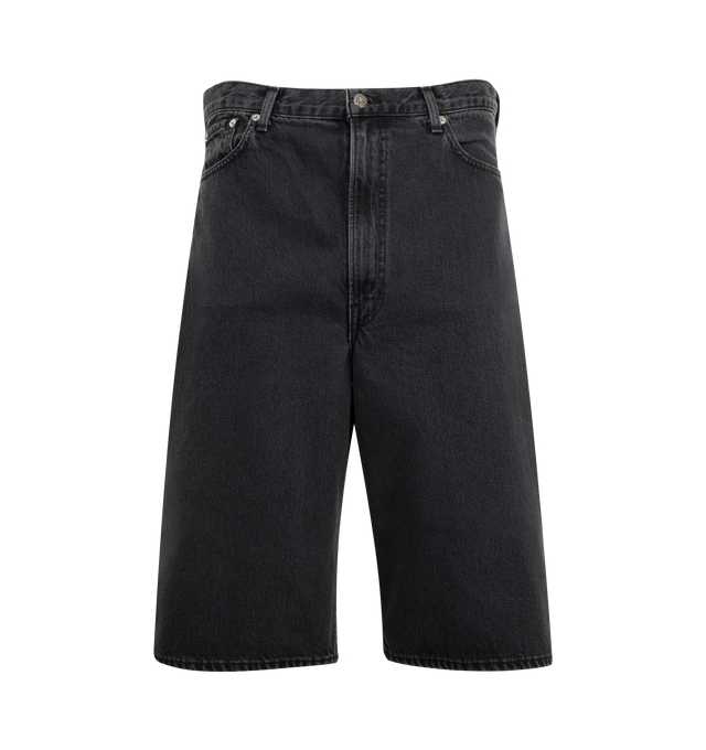 Image 1 of 3 - BLACK - ORSLOW Super Dad's Denim Shorts featuring 13.5oz Japanese denim, relaxed and wide fit, two front pockets with coin pocket, two rear pockets and zipper fly. 100% cotton. Made in Japan.