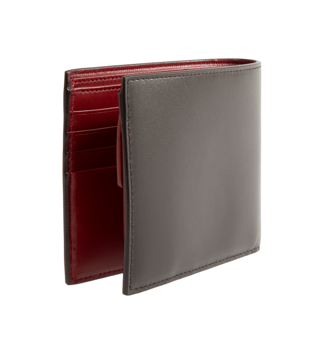 Image 2 of 3 - BROWN - Saint Laurent Men's Soho Calfskin Bi-Fold Wallet is crafted from premium calfskin and features an embossed Saint Laurent Paris signature, a contrasting interior, bronze-tone hardware, eight card slots, two bill compartments, and two receipt compartments. This designer leather wallet combines timeless craftsmanship with everyday functionality. Main Material: Calfskin. Dimensions: 11 x 9.5 x 2.5 cm. Made in Italy.