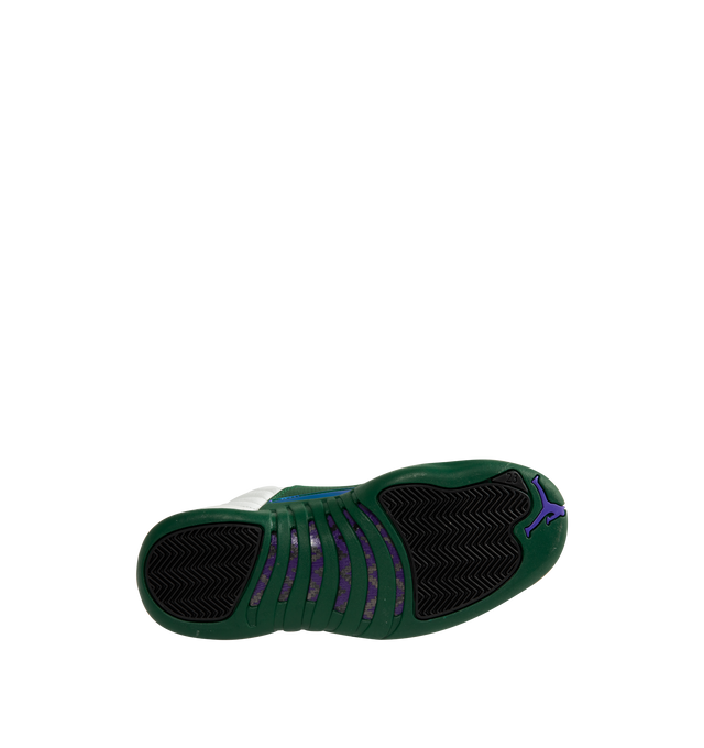 Image 4 of 5 - GREEN - Air Jordan 12 Retro 'Bucks' Sneakers are crafted from premium leather and feature a Summit White upper with sunrise-inspired stitch lines and Gorge Green overlays inspired by early-2000s player exclusives. Designed with a classic basketball silhouette, they are finished with Jumpman branding, Air Zoom cushioning, and a durable rubber outsole for comfort and performance. Main Material: Leather. Cushioning: Full-length Air Zoom. Sole: Rubber. Made for men.