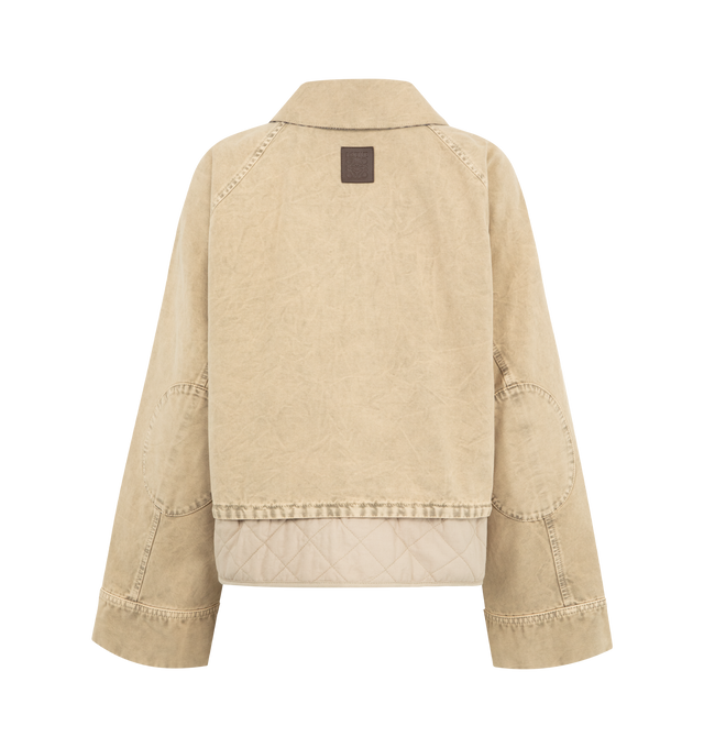 Image 2 of 4 - NEUTRAL - Loewe Jacket in lightweight treated cotton utility featuring diamond quilted lining at the hem. Regular fit, short length with lassic collar with check wool lining and chin strap, raglan sleeves, concealed snap button and zip front fastening, snap button flap pockets, inside welt pocket and LOEWE Anagram embossed leather patch placed at the back. Made in Italy.