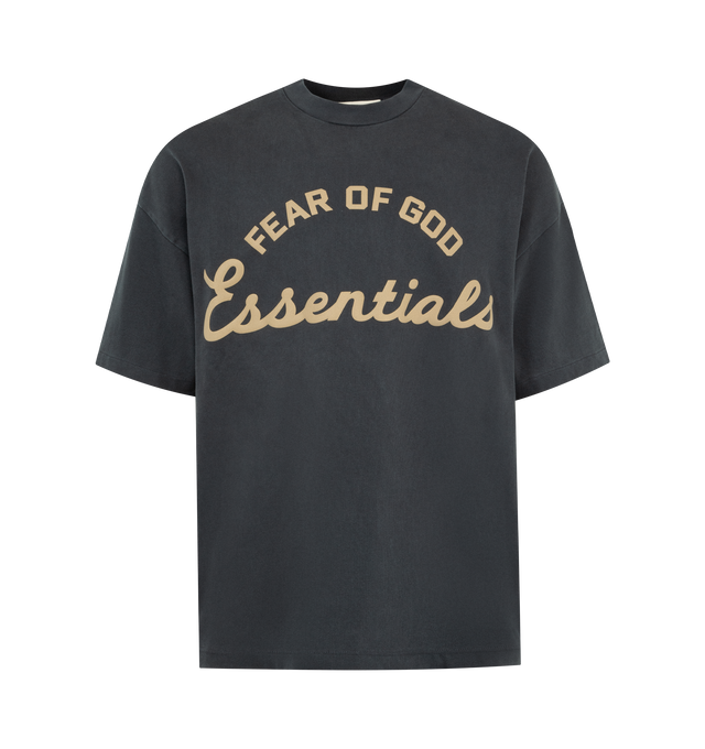 Image 1 of 2 - GREY - FEAR OF GOD ESSENTIALS Training 90s Tee featuring heavyweight cotton jersey, pigment dyes, a 90s fit with oversized proportions and dropped shoulders, puff-printed Fear of God Essentials training graphic, rib-knit crewneck and Essentials signature label at the back neckline. 100% cotton.