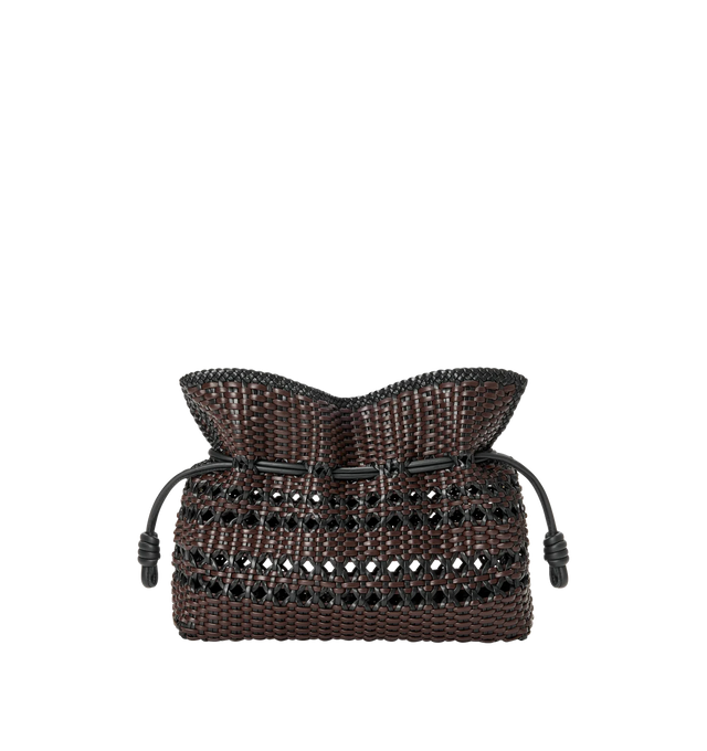 Image 1 of 4 - BROWN - LOEWE Medium Flamenco Clutch in woven nappa calfskin featuring a soft and slouchy bag with a cinched closure, knot drawstrings, crafted in two-tone hand-woven nappa calfskin, shoulder, crossbody or hand carry, detachable and adjustable strap, magnetic closure and unlined. Woven nappa. 24.5 cm x 30 cm x 10.5 cm. Made in Spain.