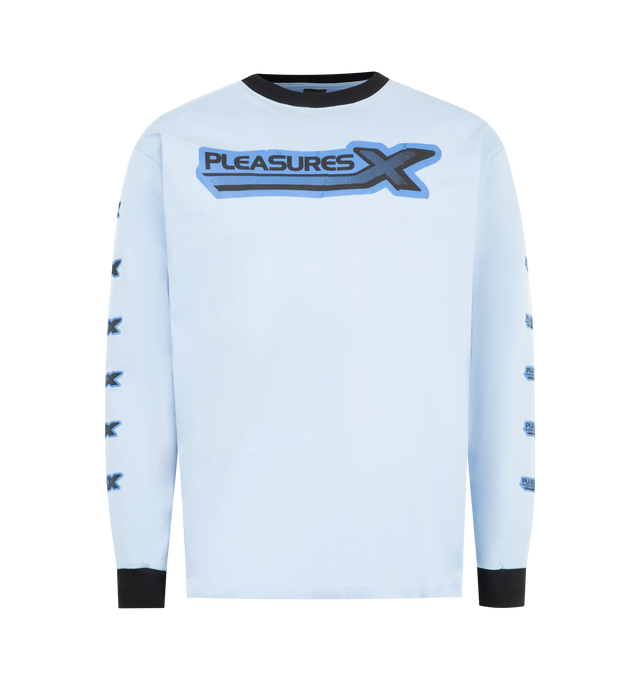 Image 1 of 3 - BLUE - PLEASURES X Long Sleeve Tee featuring relaxed fit, long sleeves, crew neckline and screen-printed graphics. 100% cotton.