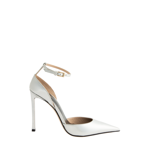 Image 1 of 4 - SILVER - Tom Ford Women's Textured Laminated Leather Ankle Strap Pump is crafted from leather and features a textured laminated finish, a sleek slingback silhouette, pointed toe, and adjustable ankle strap. The elegant profile reflects the houses refined approach to modern evening footwear, while the pointed toe enhances the streamlined design. Main Material: Leather. Upper: Textured Laminated Leather. Closure: Ankle Strap. Toe: Pointed. Silhouette: Slingback. Made in Italy.