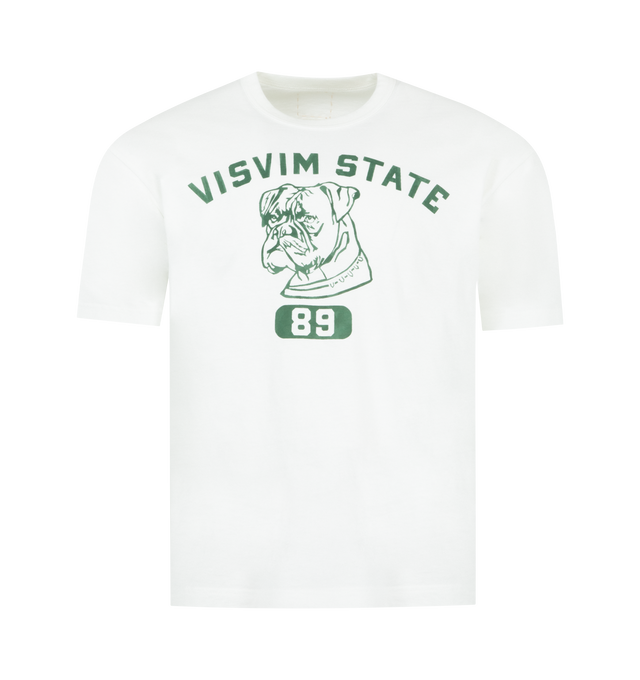 Image 1 of 2 - WHITE - VISVIM Jumbo Damaged '89 Graphic T-Shirt featuring oversized fit, carefully distressed and garment-dyed, crewneck, short sleeves, dropped shoulders and graphic print. 100% cotton. Made in Japan.