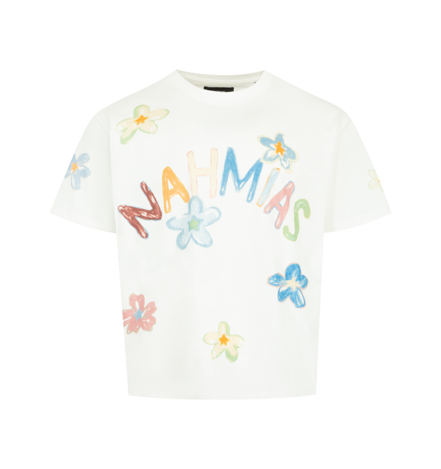 Image 1 of 4 - WHITE - NAHMIAS Super Bloom Boxy Tee featuring crew neck, short sleeves, graphic throughout and boxy fit. 100% cotton.