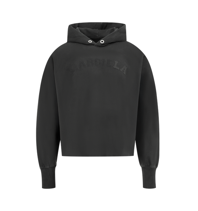 Image 1 of 2 - BLACK - MAISON MARGIELA Signature Sweatshirt featuring cropped hoodie in loopback cotton jersey, dropped shoulders and long ribbed cuffs, MARGIELA embroidery at the front, raw-edge hem for a deconstructed finish, double-layered hood with eyelet detail and four stitches at the back. 100% cotton. Made in Italy.