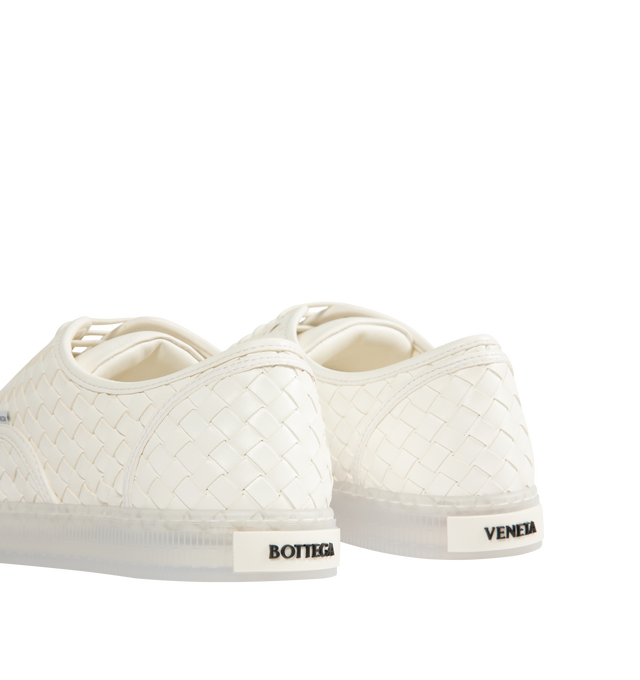 Image 3 of 5 - WHITE - BOTTEGA VENETA Serena Intrecciato Leather Sneakers featuring a heel logo patch, round toe, lace-up style, leather upper, leather lining and leather sole. Made in Italy.