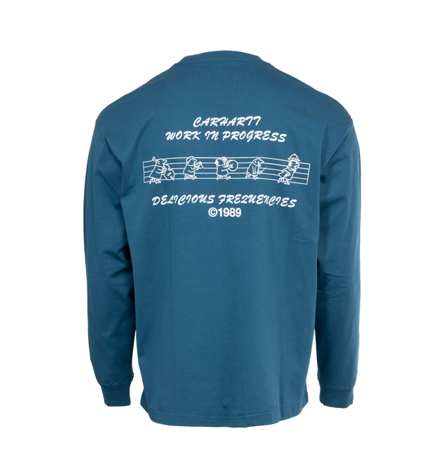 Image 2 of 4 - BLUE - CARHARTT WIP Delicious Frequencies T-Shirt featuring crewneck, long sleeves with ribbed cuffs and graphic print. 100% cotton.  
