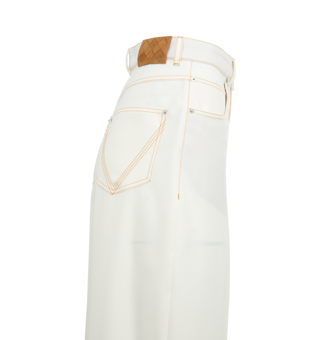 Image 3 of 3 - WHITE - BOTTEGA VENETA Wide Leg Trousers featuring a suede intrecciato patch, wide leg, button closure and 4 pocket styling. Made in Italy.