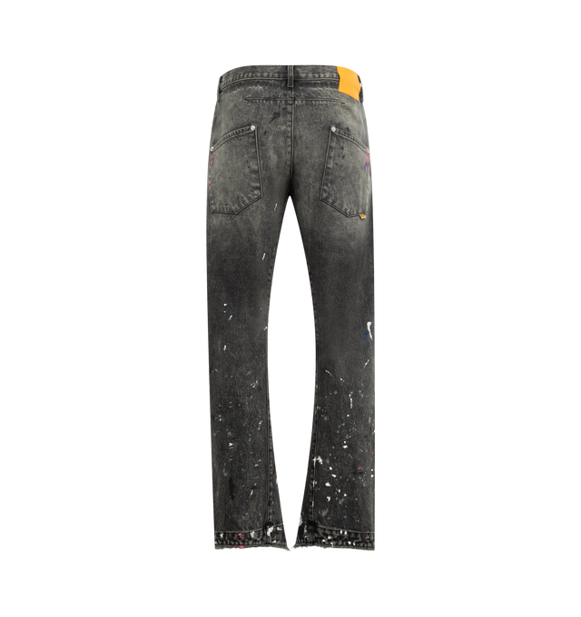 Image 2 of 3 - BLACK - GALLERY DEPT. Zip Denim Pant featuring loose, baggy fit, intentionally twisted seams on leg panels, GD custom hardware, embroidered GD pin detailing on the coin pocket, hand-painted and debossed tan leather GALLERY DEPT. jacron on the back waistband. 100% cotton. Made in USA.