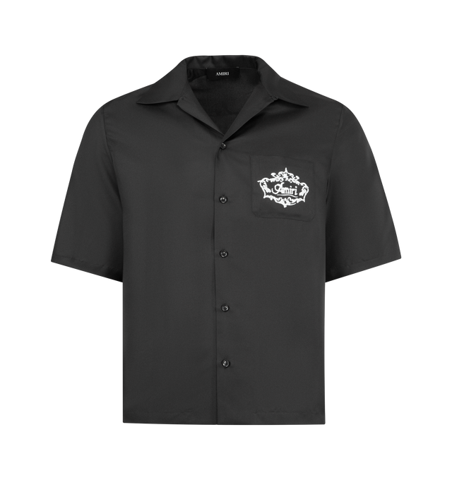 Image 1 of 2 - BLACK - AMIRI Chateau Crest Silk Camp Shirt featuring a boxy fit, filigreed crest seen throughout the 'Chateau Amiri' collection, front button closure, convertible collar, short sleeves and chest patch pocket. 100% silk. Made in Italy.