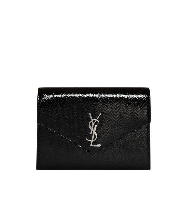Image 1 of 3 - BLACK - SAINT LAURENT Cassandre Flap Pouch featuring snake-embossed leather exterior with twill lining, flap top with snap button closure and silver-tone cassandre hardware at front, one main compartment and interior slip pocket. 8.25" W x 6" H x 0.75" D. Leather. Made in Italy. 