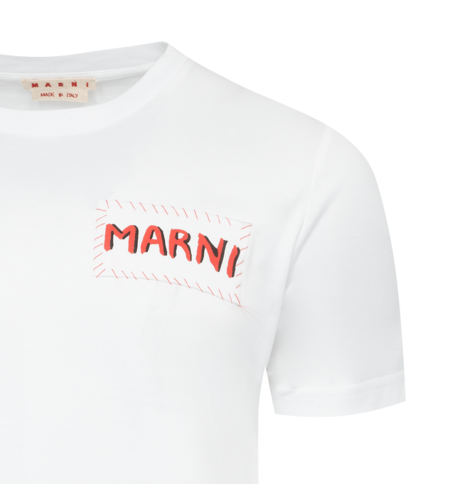 Image 2 of 2 - WHITE - MARNI Patch T-Shirt featuring rib knit crewneck, logo patch at chest and contrast stitching. 100% cotton. Made in Italy. 