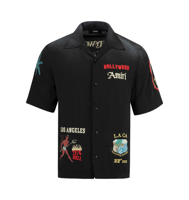 Image 1 of 2 - BLACK - AMIRI Sinners Camp Shirt featuring front, back and sleeve embroidery, notched collar, button down closure and short sleeves. 87% modal, 13% polyester. Made in Italy.