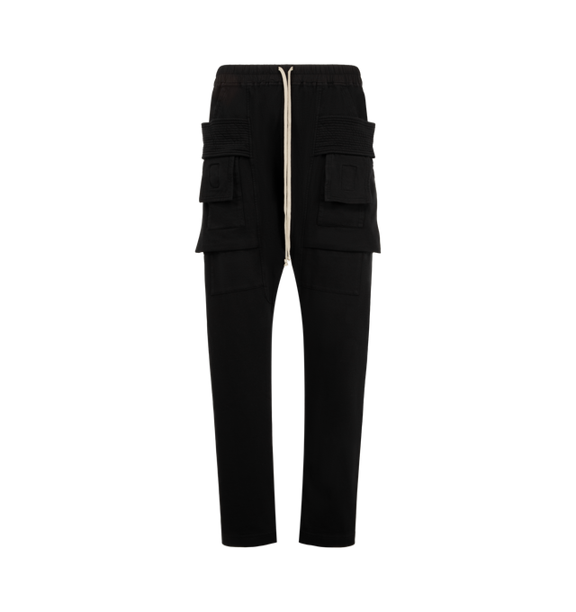 Image 1 of 3 - BLACK - Rick Owens Drkshdw Men's Creatch Cargo Drawstring Pants are crafted from cotton and feature an elasticized waistband with a drawstring closure. Designed with a relaxed cargo-inspired silhouette, these pants include side pockets, back flap pockets, and cargo flap pockets for functional storage. Main Material: 100% Cotton. Waistband: 97% Cotton, 3% Elastane. Pockets: Side Pockets, Back Flap Pockets, Cargo Flap Pockets. Made in Italy.