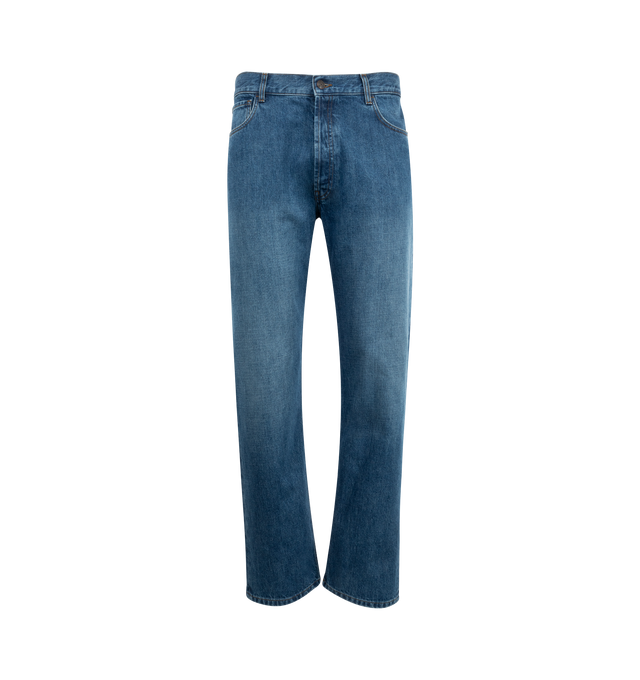 Image 1 of 3 - BLUE - The Row Burt Jeans featuring loose-fit, non-stretch denim, belt loops, five-pocket styling, button fly and logo-engraved antiqued copper-tone hardware. 100% cotton. Made in Italy.