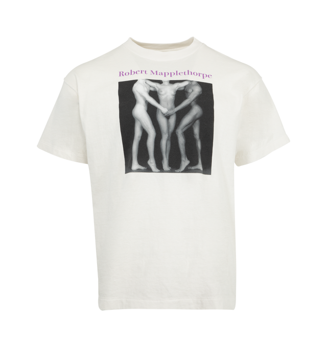 Image 1 of 2 - WHITE - SAINT MICHAEL Embrace Tee featuring soft cotton, ribbed neck, printed graphics, relaxed fit, and short sleeves. 100% cotton.