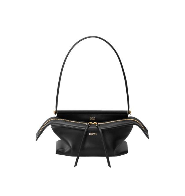 Image 1 of 3 - BLACK - Loewe Small Whisker Bag is crafted from black glazed calfskin and features a slouchy silhouette with a structured handle and oversized zip opening. Designed for shoulder, crossbody, or hand carry, it includes a detachable strap with rotating dog clips, articulated zipper pulls, foldable D-rings, an exterior flat pocket, and an interior flat pocket. Gold-tone hardware and embossed Loewe and Double L branding complete the design. Fits a large phone, small wallet, sunglasses, and keys. M