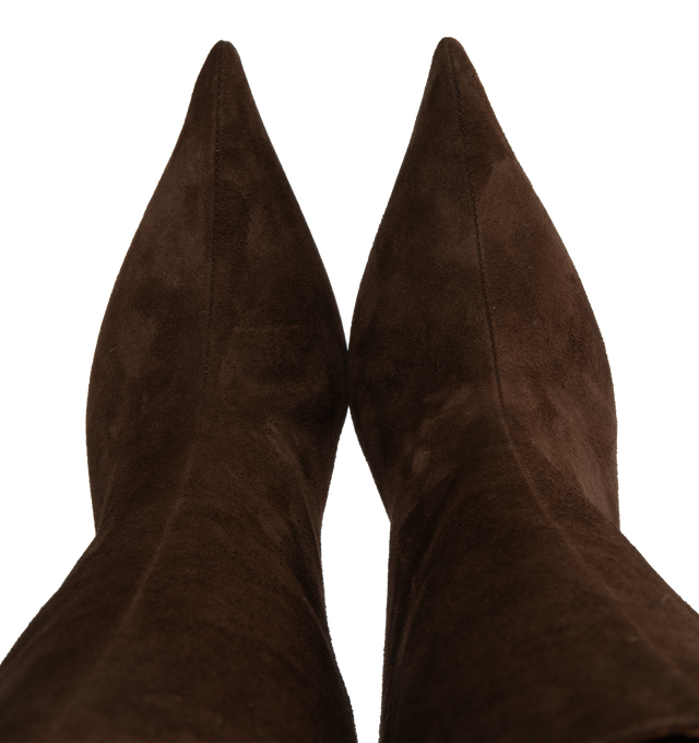 Image 4 of 4 - BROWN - AMINA MUADDI Fiona Suede Boot featuring pointed toe, buffed goatskin lining, covered stiletto heel with rubber injection and leather sole with rubber injection. 60MM. Upper: goatskin. Sole: leather, rubber. Made in Italy. 