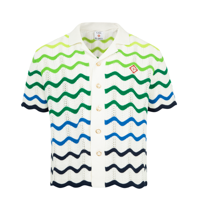 Image 1 of 2 - MULTI - CASABLANCA Wave Knit Shirt featuring an open weave crochet cotton fabric, the season's knitted gradient, button closure, a Cuban-style collared silhouette with short sleeves, ribbed trim detailing, signature gold rim pearl buttons and diamond logo. 100% cotton.