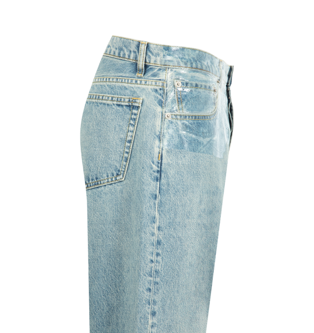 Image 3 of 3 - BLUE - MAISON MARGIELA Taped Straight-leg Jeans featuring full-length, straight-leg, paint-effect detail on front, button and zip closure and four stitches at the back. 100% cotton. Made in Italy.