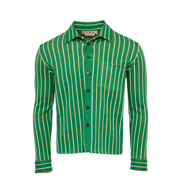 Image 1 of 3 - GREEN - MARNI Striped Shirt featuring long sleeves, sleek stretch techno-viscose fabric, vertical striped design, boxy fit with chest pocket, button closure and button cuffs. 50% viscose/rayon, 28% polyamide, 22% polyester. Made in Italy. 