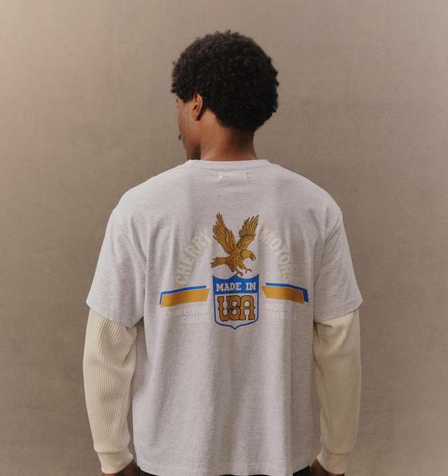 Image 7 of 7 - GREY - Cherry LA Men's Motors Layered Thermal T-Shirt is crafted from a poly-cotton blend and features a boxy-fit silhouette with custom layered thermal sleeves. Designed with a chest pocket, screen-printed graphics at the chest and back, and a relaxed everyday fit, this style combines vintage-inspired layering details with Cherry LA's signature graphic aesthetic. Main Material: Poly-Cotton Blend. Made in Los Angeles, California.