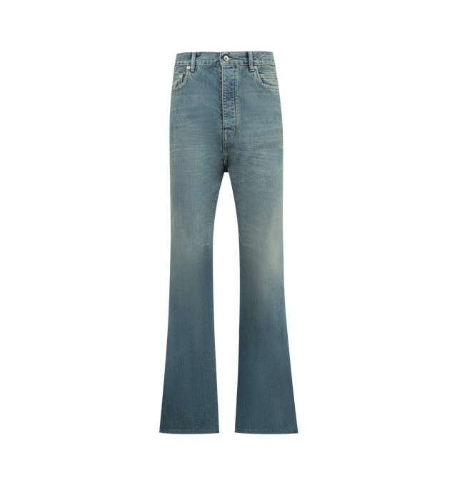 Image 1 of 3 - BLUE - DRKSHDW Bolan Bootcut Jeans featuring fading, whiskering, and subtle distressing throughout, slim-fit and bootcut, high-rise, belt loops, five-pocket styling and button fly. 100% cotton. Made in Italy.