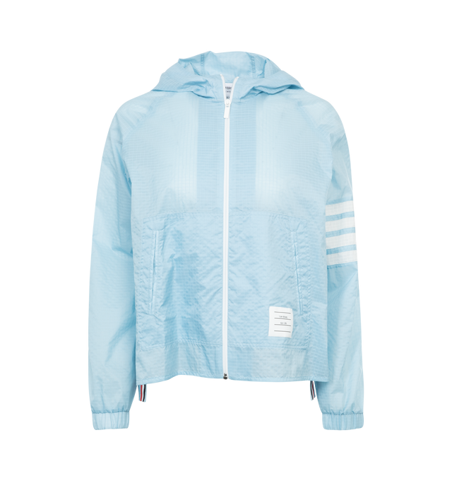 Image 1 of 2 - BLUE - THOM BROWNE Swing Anorak Jacket featuring logo patch to the front, front two-way zip fastening, classic hood, two front patch pockets, signature 4-Bar stripe, long sleeves, ribbed cuffs and straight hem. 100% polyamide.  