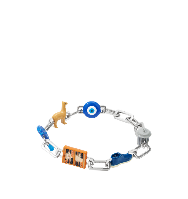 Image 5 of 10 - MULTI - Poubel by The Gstaad Guy Constance completed bracelet set. An ode to the quintessential European Gentleman, the Constance Completed Set includes: 1x Poubelle Charm (also known as The Bin or The Trash Can), 1x Shoe Charm, 1x Backgammon Charm, 1x Padel Charm, 1x Vicua Charm, 1x Evil Eye Charm, 9x interchangeable sterling silver links. Poubel links are made with recycled, rhodium plated, sterling silver, comprised of 92.5% pure silver and 7.5% other metals. The addition of other metals