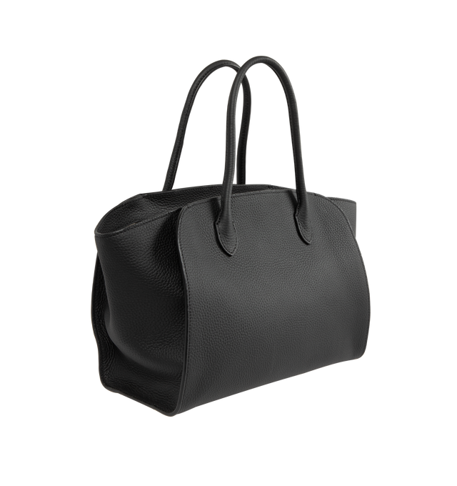 Image 2 of 3 - BLACK - THE ROW Marlo 12 Bag in Leather featuring a softly structured tote bag in polished saddle leather with tubular handles, gusseted side panels, and top zipper closure. 12 x 5 x 8.5 in. 100% calfskin leather. Lined in 100% cotton. Made in France.