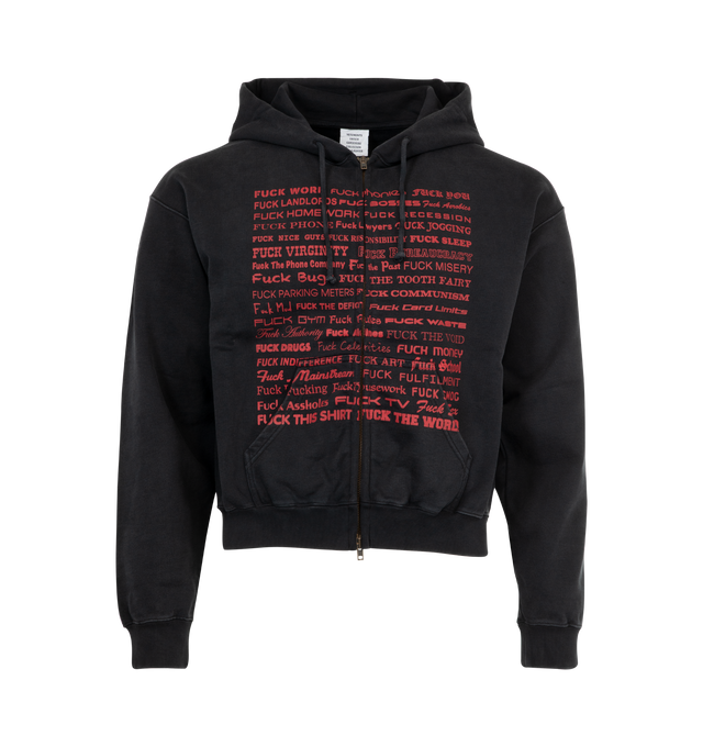 Image 1 of 2 - BLACK - VETEMENTS Fuck Fitted Zip Up Hoodie featuring hood with drawstring, graphic print on front, zip closure, cropped fit and ribbed cuffs and hem. Cotton.