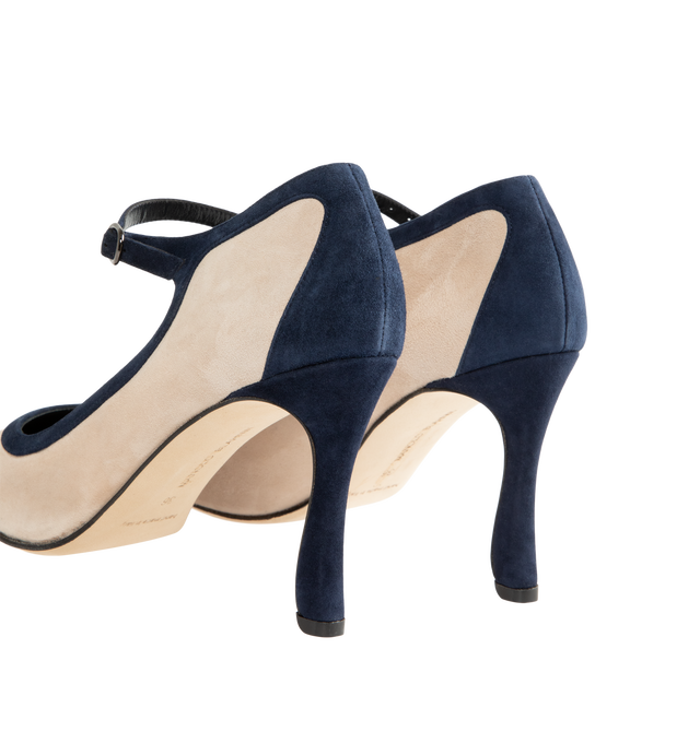 Image 3 of 4 - NEUTRAL - Manolo Blahnik Women's Churla 90 Pumps are crafted from kid suede and feature an almond toe, contrasting navy heel counter, edging, and ankle strap with a buckle closure, finished with a sculptural 90mm angular heel. These designer suede pumps combine exceptional Italian craftsmanship with timeless Mary Jane styling, making them an elegant choice for both day and evening wear. Main Material: 100% Kid Suede. Lining: 100% Kid Leather. Sole: 100% Calf Leather. Heel Height: 90mm. Made i