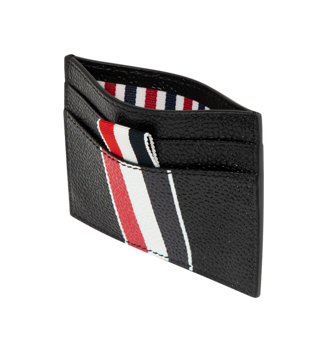 Image 3 of 3 - BLACK - THOM BROWNE Double Sided Card Holder featuring durable pebble grain leather, four card slots, central slip compartment, RWB stripe, gold foil logo, tricolor lining and signature striped grosgrain loop tab. L 10 x W 0.5 x H 8 cm. 100% Calf Full Grain Leather. Lining: 100% Polyester. Made in Italy.