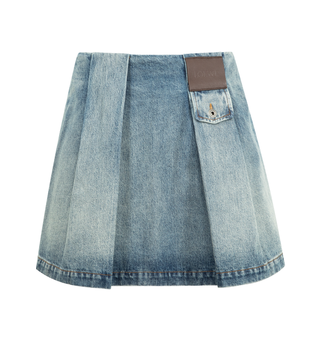 Image 1 of 3 - BLUE - Loewe Skirt in medium-weight washed cotton denim featuring pleats at the front.Regular fit, short length, mid waist, side zip fastening, buttoned coin pocket, seam pockets, rear patch pocket and LOEWE embossed leather patch placed at the front. Cotton. Made in Italy.