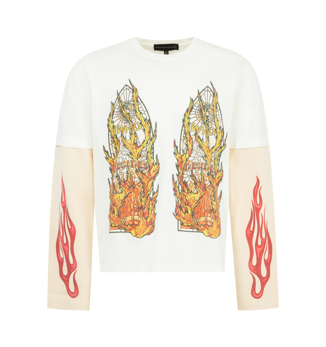 Image 1 of 2 - WHITE - WHO DECIDES WAR Flame Glass Double Jersey featuring faded screen printed flame glass motifs, double layer waffle knit sleeves and a boxy, slightly cropped fit. 100% cotton.