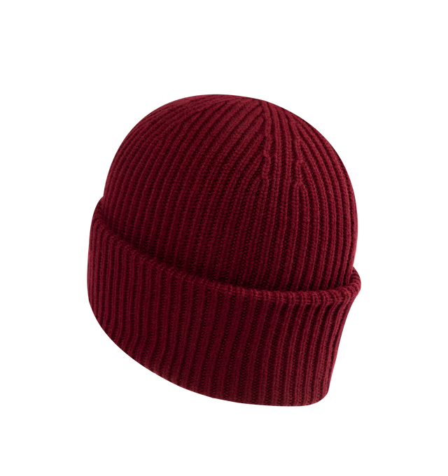 Image 2 of 2 - RED - MONCLER Beanie featuring a wool and cashmere blend, brioche stitch, gauge 3 and a felt logo patch. 70% virgin wool, 30% cashmere. Made in Italy.