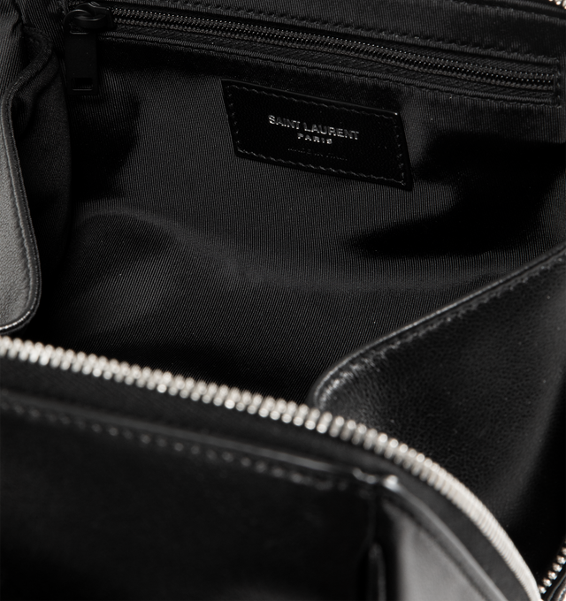 Image 3 of 3 - BLACK - SAINT LAURENT Small Cube Trousse Leather Toiletry Case featuring a top handle decorated with the embossed logo signature, zip-around closure, wide opening, one interior zip pocket and nylon lining. 3.9"H x 6.2"W x 3.93"D. Made in Italy.