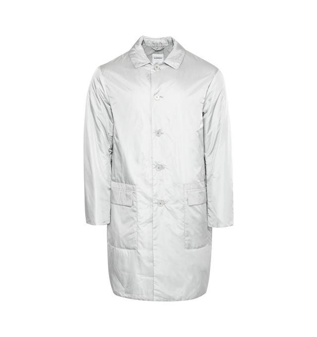 Image 1 of 2 - SILVER - ASPESI Impermiable Tin Jacket featuring patch pockets, long length, collar and button up front.  
