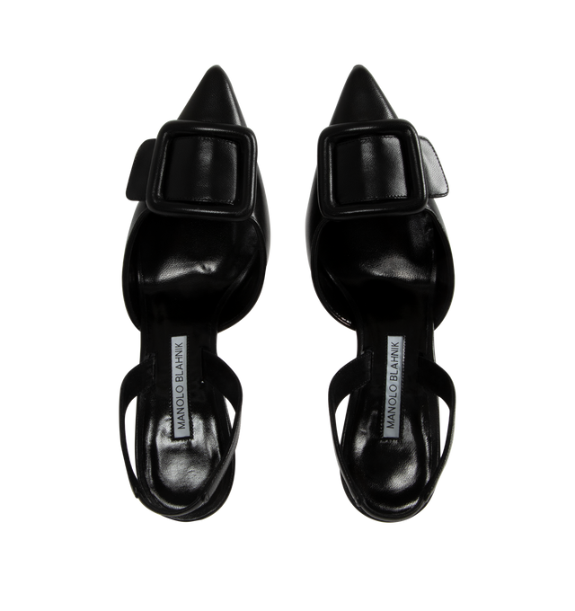 Image 4 of 4 - BLACK - Manolo Blahnik Maysli black suede slingback pumps featuring pointed toe, decorative buckle detail, elasticated slingback strap and stiletto mid 70mm heel. Upper: 100% calf suede. Sole: 100% cow leather. Lining: 100% goat skin. Made in Italy.