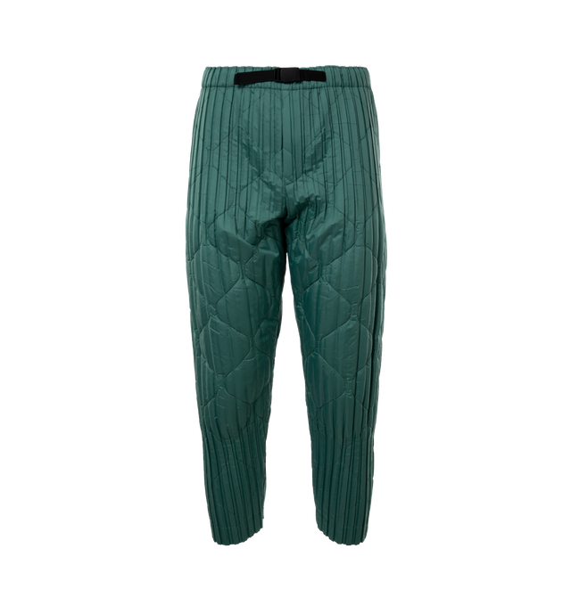 Image 1 of 4 - GREEN - ISSEY MIYAKE Padded Pleats Pants featuring release pleating, a relaxed shape with pleating only at the top and hems of the pant, an elastic waist and four pockets. 100% polyester. 