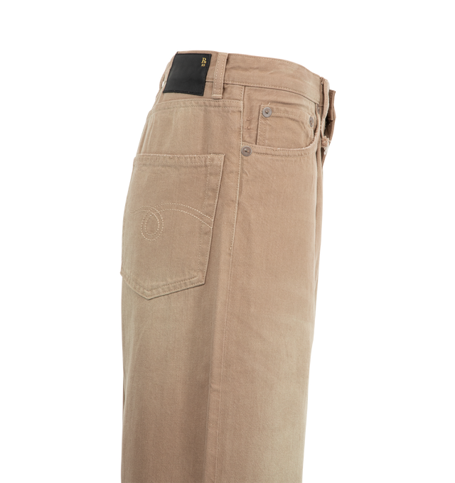 Image 3 of 3 - BROWN - R13 Damon Pleated Wide Leg Jean featuring zip fly with button closure, 5-pocket design, pleated fabric details at waist, whiskering along front and heavily faded and lightly distressed throughout. 100% cotton. Made in Italy.