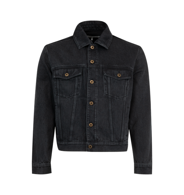 Image 1 of 2 - BLACK - Loewe Men's Jacket in medium-weight washed cotton denim featuring an Anagram embroidery at the elbows. Regular fit, regular length with classic collar, button-front fastening, buttoned cuffs, buttoned chest flap pockets, welt pockets and LOEWE embossed leather patch placed at the back. Cotton. Made in Italy.
