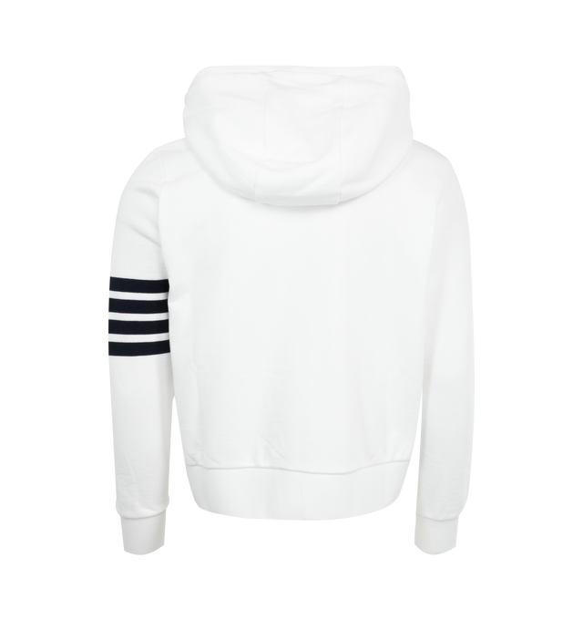 Image 2 of 2 - WHITE - THOM BROWNE Classic Loopback 4 Bar Zip Up Hoodie featuring iconic 4-bar detailing, front zip closure, drawstring hood with silver tone aglets, slip side pockets, name tag applique and signature striped grosgrain loop tab. 100% cotton. Made in Italy.